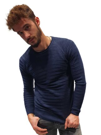 Μπλούζα Πλεκτή με Allover Ρίγα Μπλε