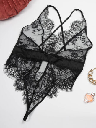 Κορμάκι δαντέλα με σατέν δέσιμο στην μέση Μαύρο