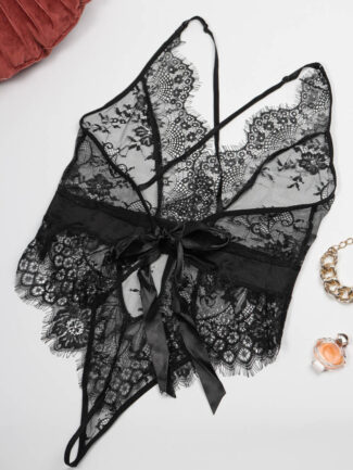 Κορμάκι δαντέλα με σατέν δέσιμο στην μέση Μαύρο