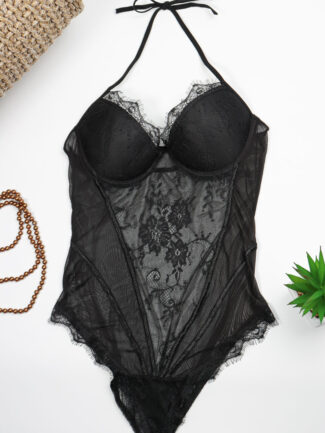 Κορμάκι με δαντέλα και διαφάνεια Μαύρο