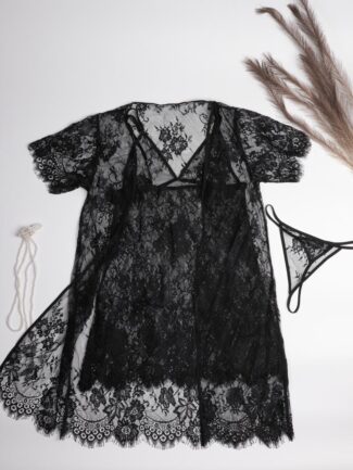 Δαντελένιο Σετ Ρόμπας Με Νυχτικάκι Μαύρο