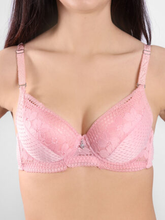Σετ Σουτιέν Full Push Up από Δαντέλα με Διάτρητη Λύκρα και String Ροζ