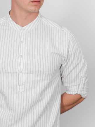Λινό Πουκάμισο με Μαο Γιακά Λευκό με Μαύρες ρίγες