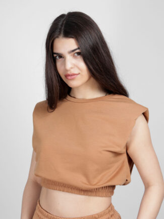 Μπλούζα Cropped με βάτες Κάμελ