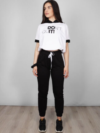 Φούτερ Crop Top με Κουκούλα Λευκό με Μαύρες λεπτομέρειες