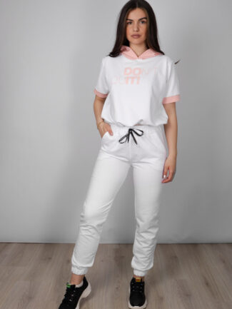 Φούτερ Crop Top με Κουκούλα Λευκό με Ροζ λεπτομέρειες