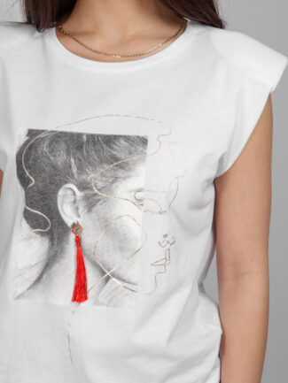 Μπλούζα Αμάνικη με Βάτες και Τύπωμα Άσπρη