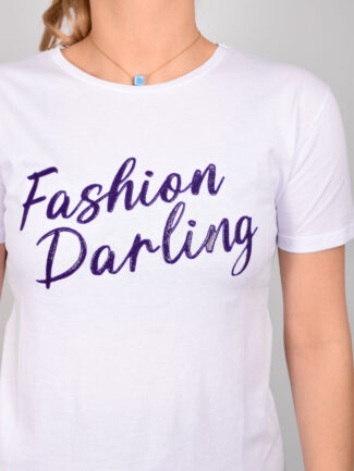 T-Shirt Μακό Μονόχρωμα με Τύπωμα ”Fashion Darling” Άσπρο