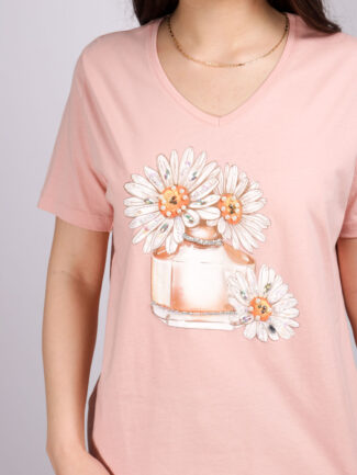 T-Shirt με Τύπωμα Μαργαρίτες Ροζ