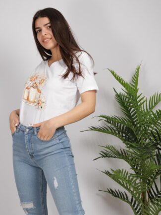 T-Shirt με Τύπωμα Μαργαρίτες Λευκό