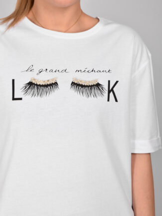 T-Shirt με Τύπωμα ”LOOK” και Σκισίματα στο Πλάι Λευκό