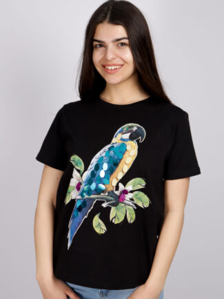 T-Shirt με Τύπωμα Παπαγάλο Μαύρο